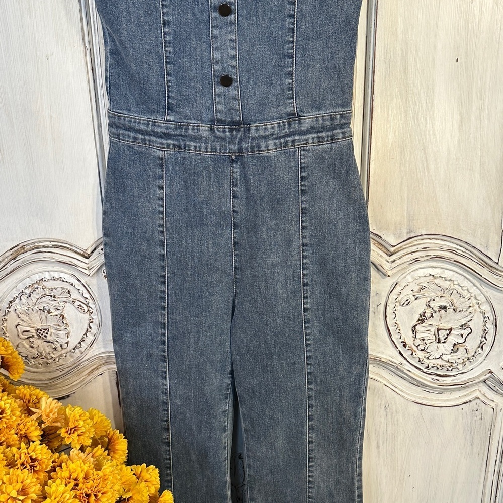 Retro Groovy Medium Wash Denim Strap Jumpsuit - Picture 3 of 13